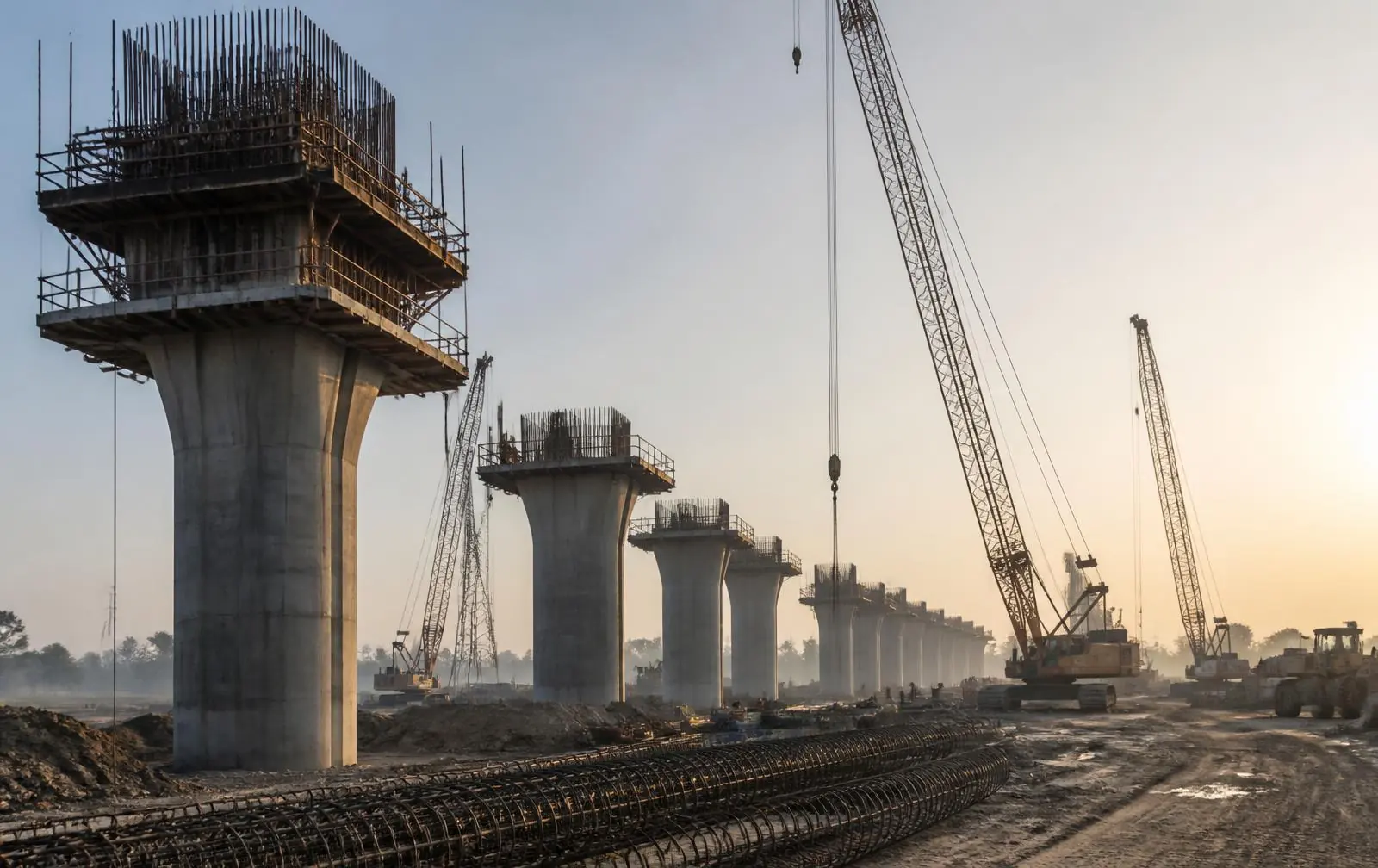 Civil infrastructure construction site at dawn